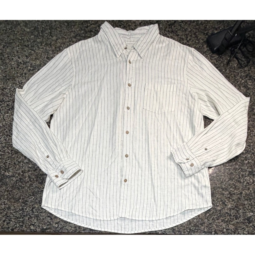 Panama Jack Mens Linen Blend Pinstripe Button Down Shirt White Black XL Long Slv